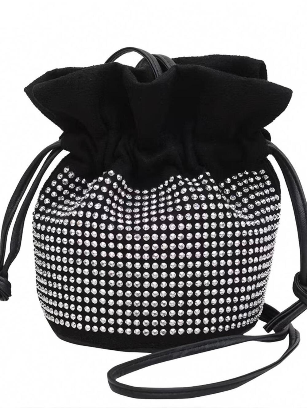 New -Super Cute & Stylish Rhinestone Drawstring Bucket Bag -Black
